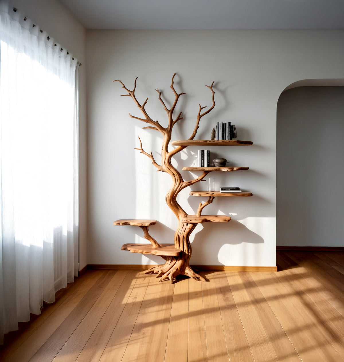 Echtes Baum-Bücherregal mit knorrigem Stamm und Büchern auf einem Holzboden
