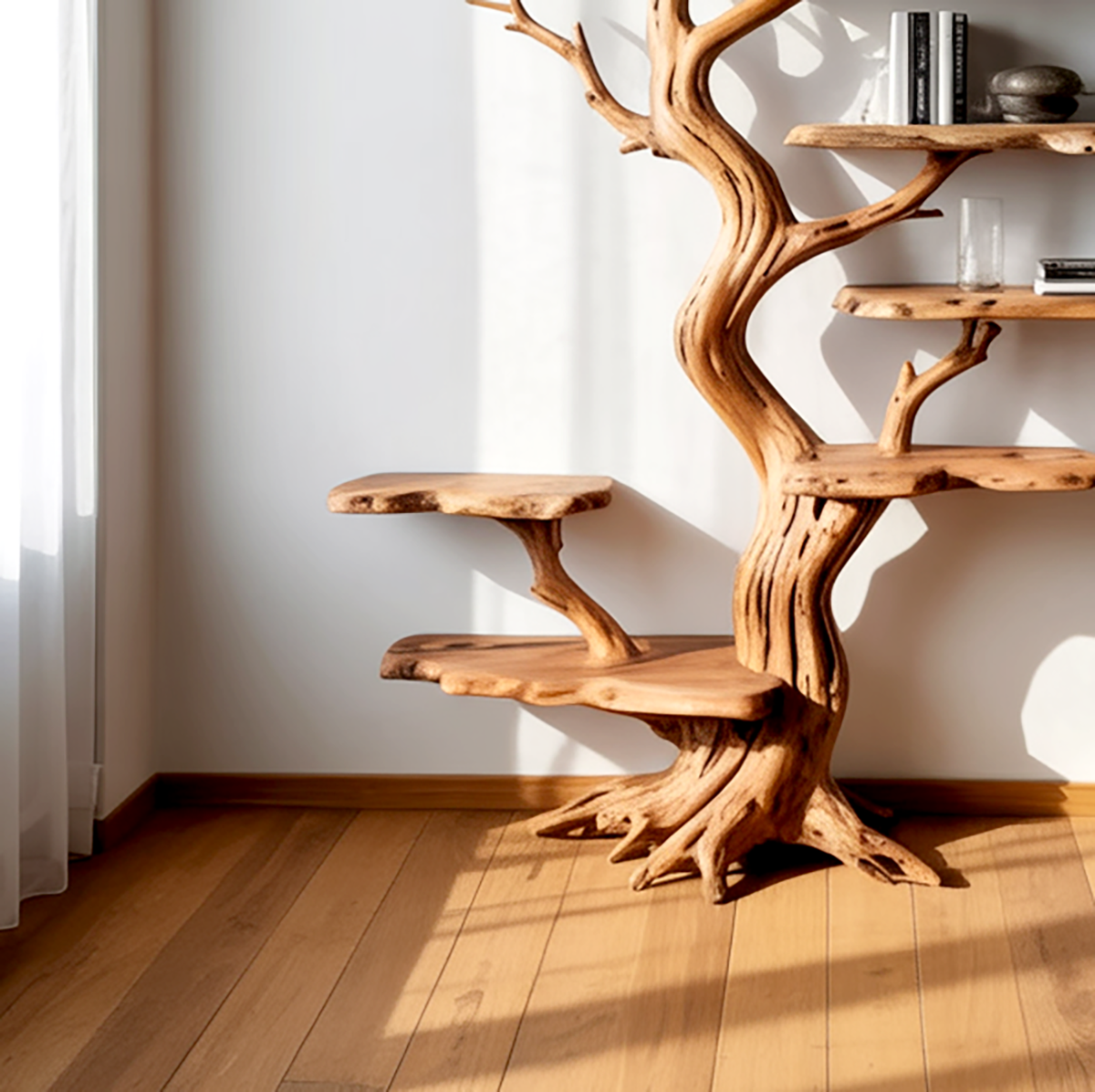 Handgefertigtes Holz-Wandbücherregal im vom Ast inspirierten Design