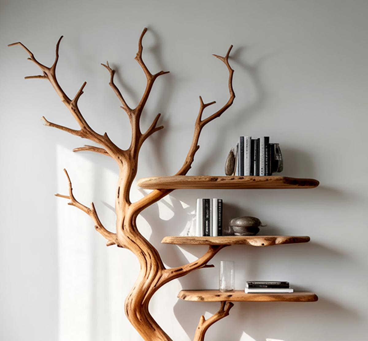 Schwebendes Baum-Bücherregal zur Präsentation von Büchern und Deko