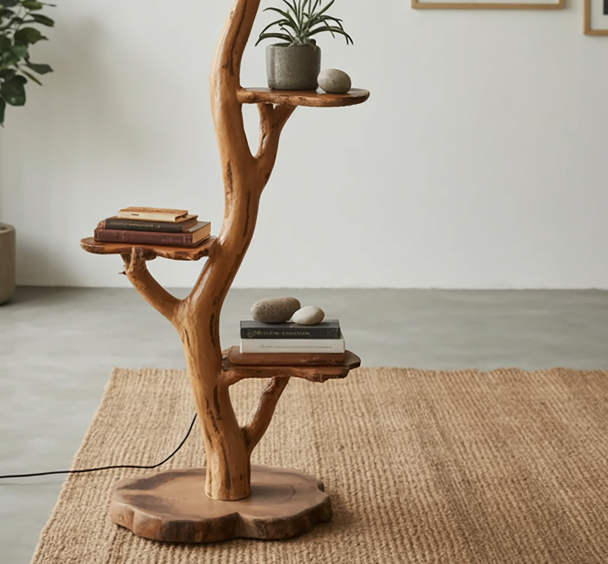 Holz-Baumlampe mit eingebauten Schauregalen
