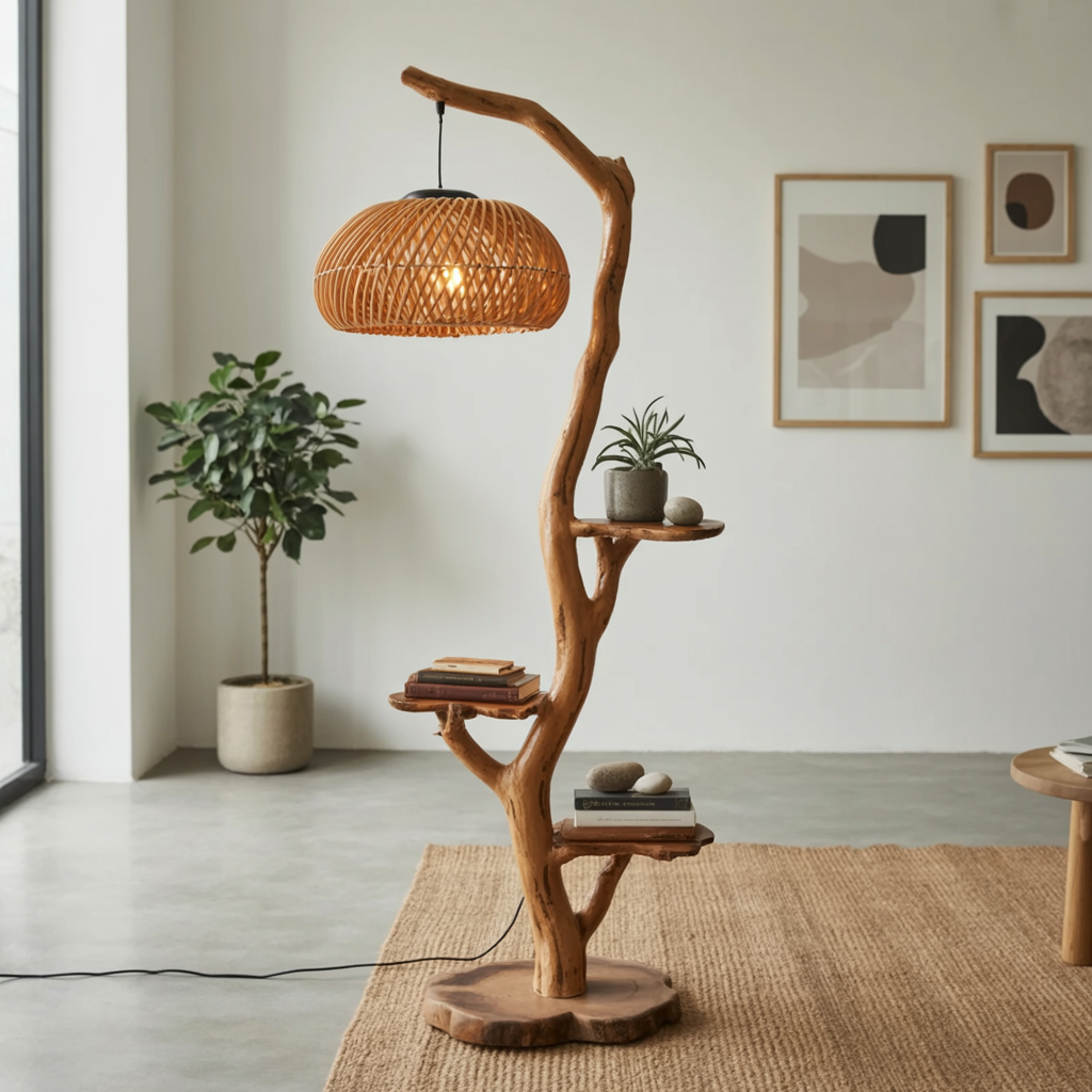 Skulpturale Holz-Stehlampe für organisch-moderne Interieurs