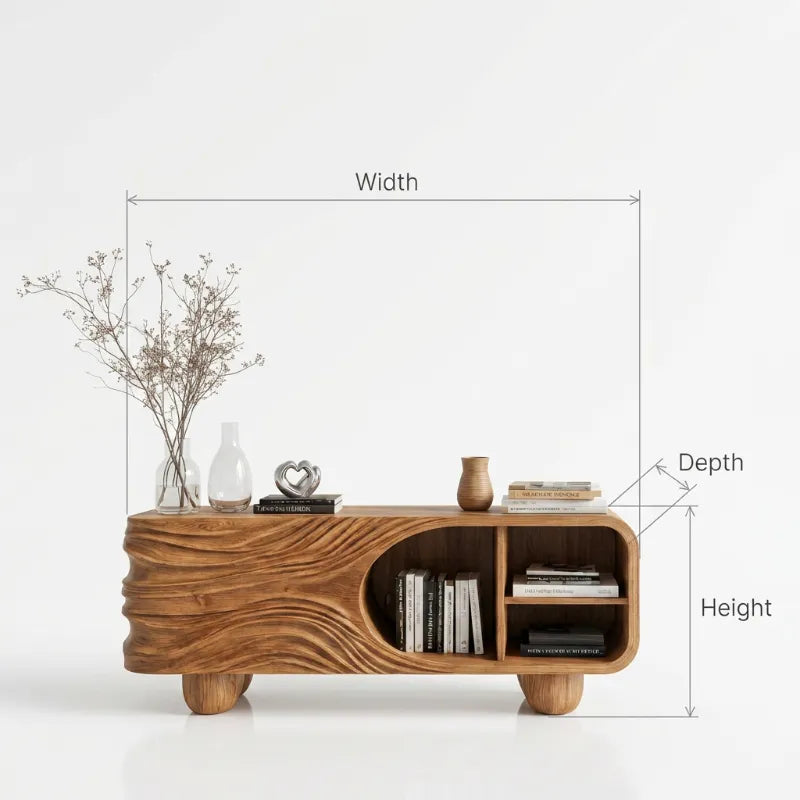 Künstlerisch geschnitztes Sideboard aus Massivholz mit offenem Regal fürs Wohnzimmer