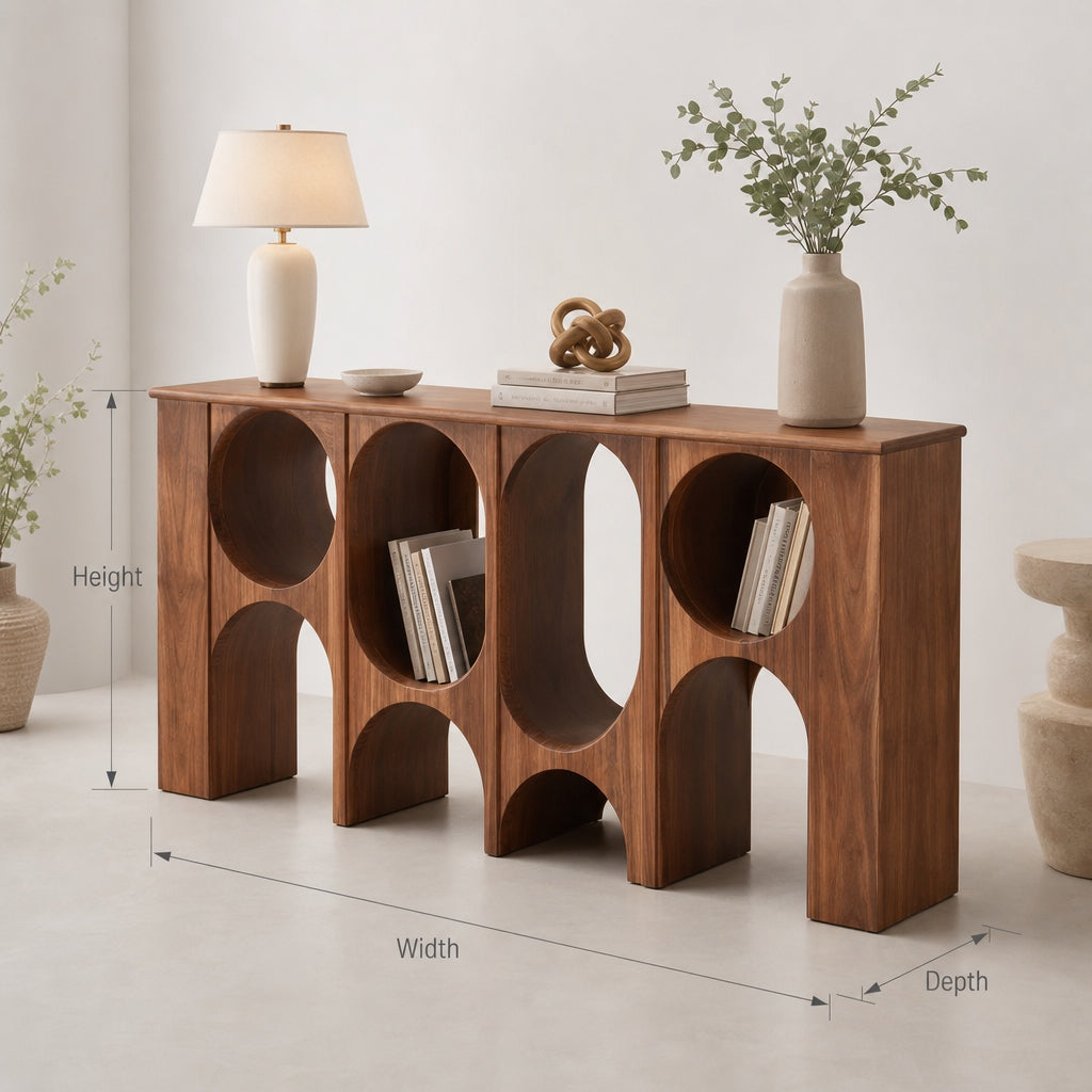 Künstlerisches Konsolen-Bücherregal aus Massivholz mit skulpturalen Kreisbögen