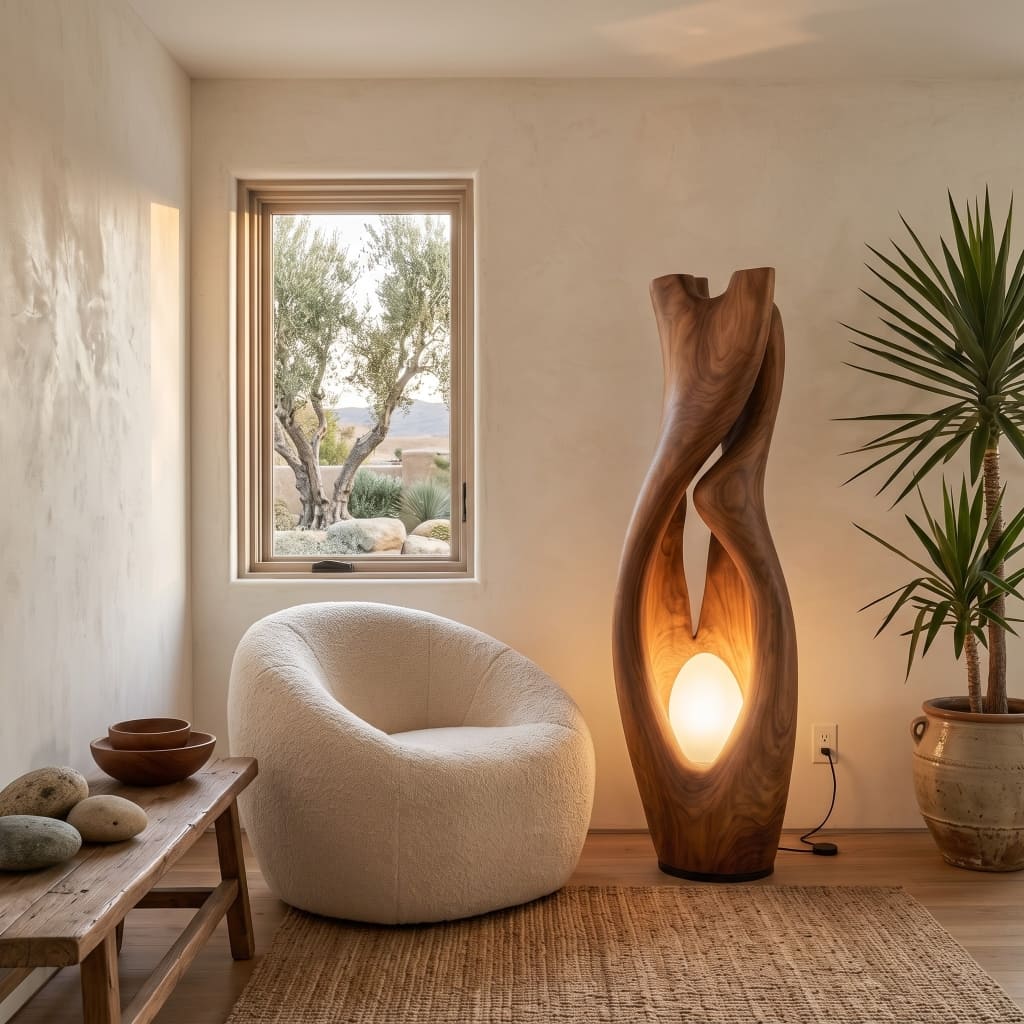 Künstlerische biomorphe Lampe aus Massivholz, die ein zeitgenössisches Wohninterieur aufwertet