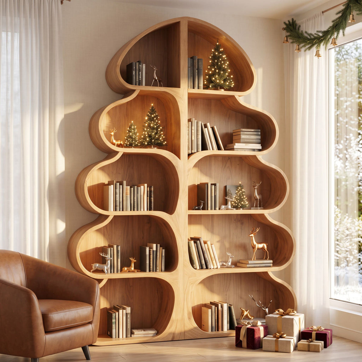Authentisches handgeschnitztes Weihnachtsbaum-Bücherregal aus Massivholz