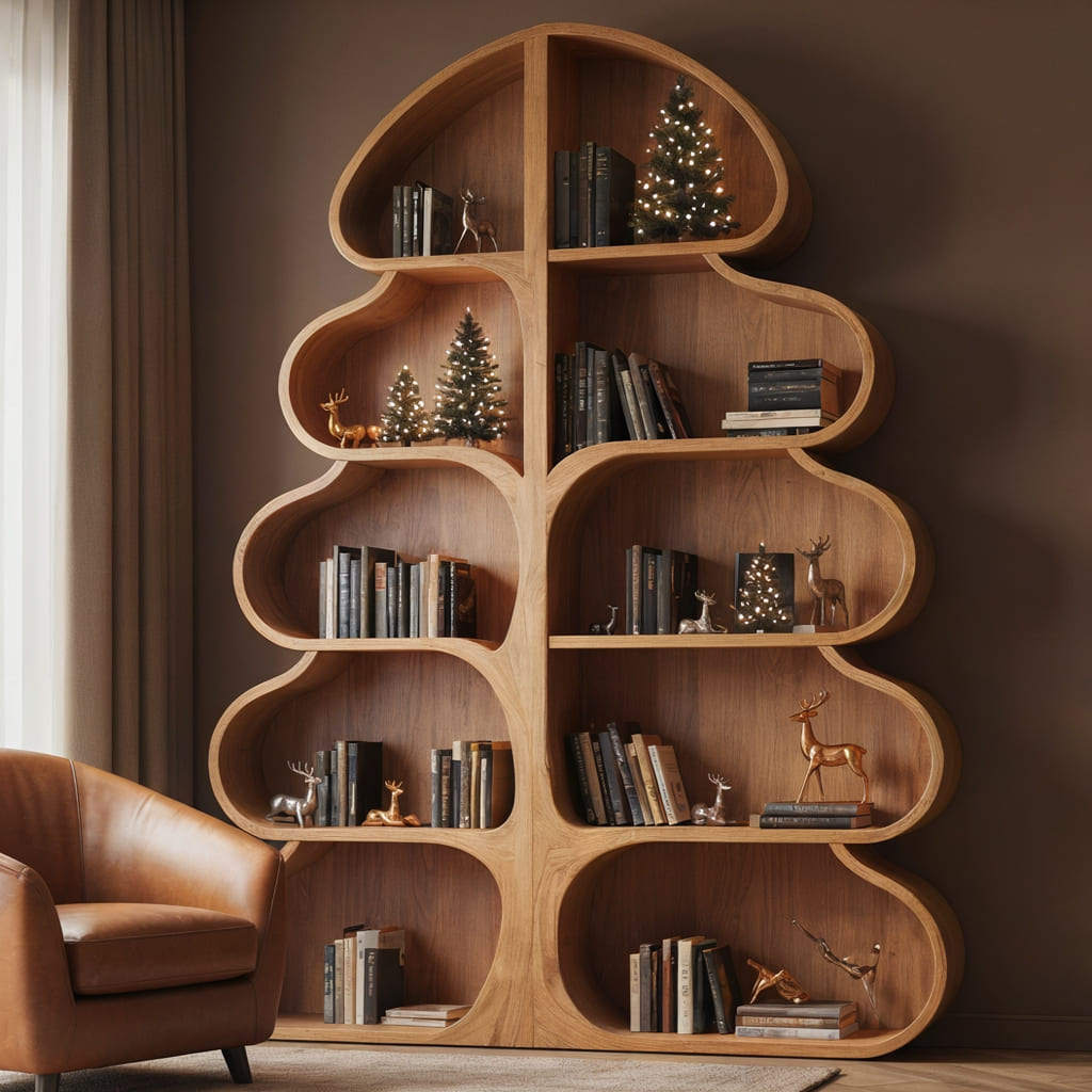 Handwerkliches festliches Baum-Bücherregal aus Massivholz, das eine charmante Leseecke aufwertet