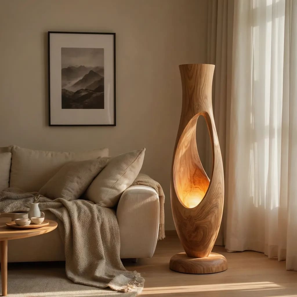 Authentische handgeschnitzte skulpturale Stehlampe aus Massivholz
