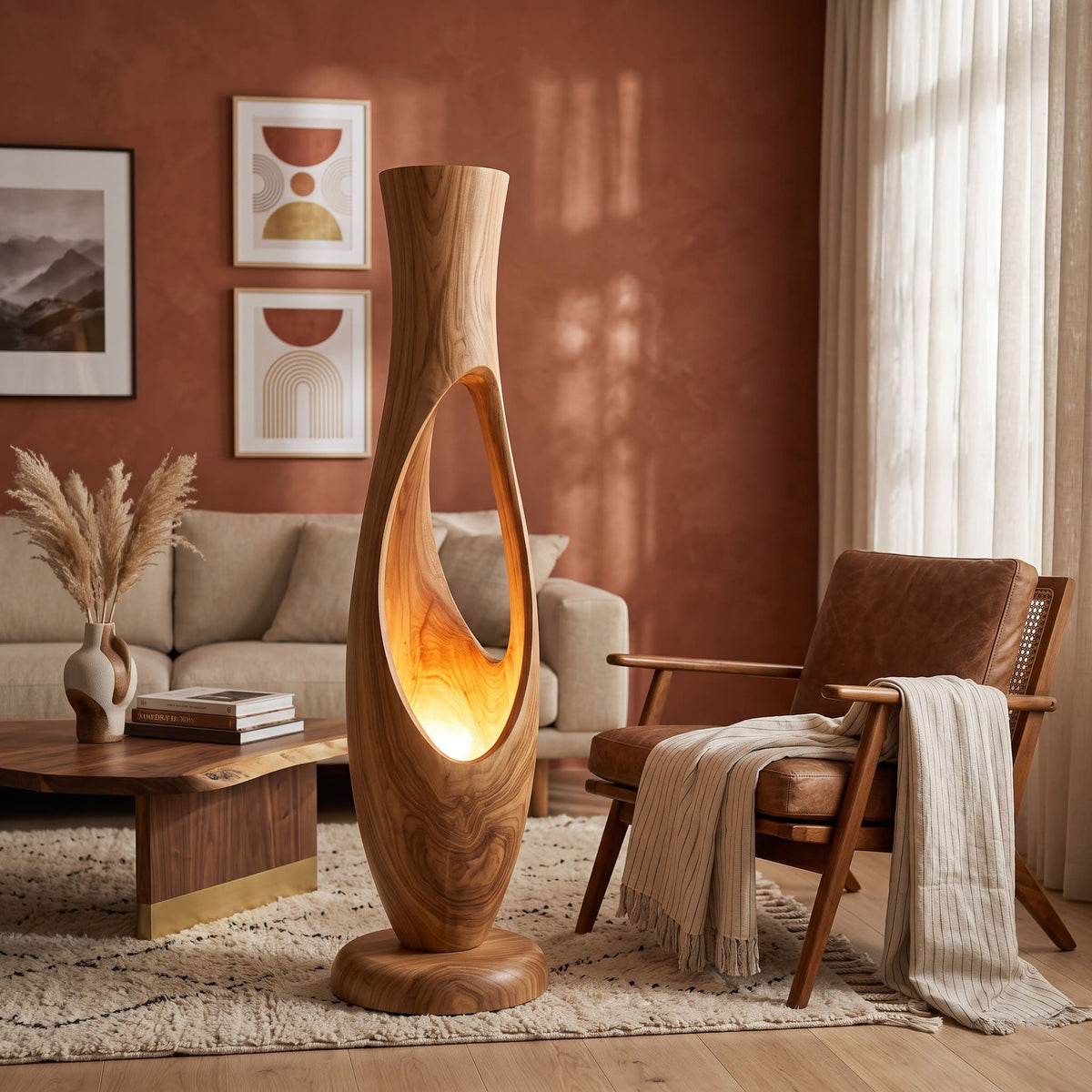 Authentische handgeschnitzte skulpturale Stehlampe aus Massivholz in einem zeitgenössischen Wohnzimmer