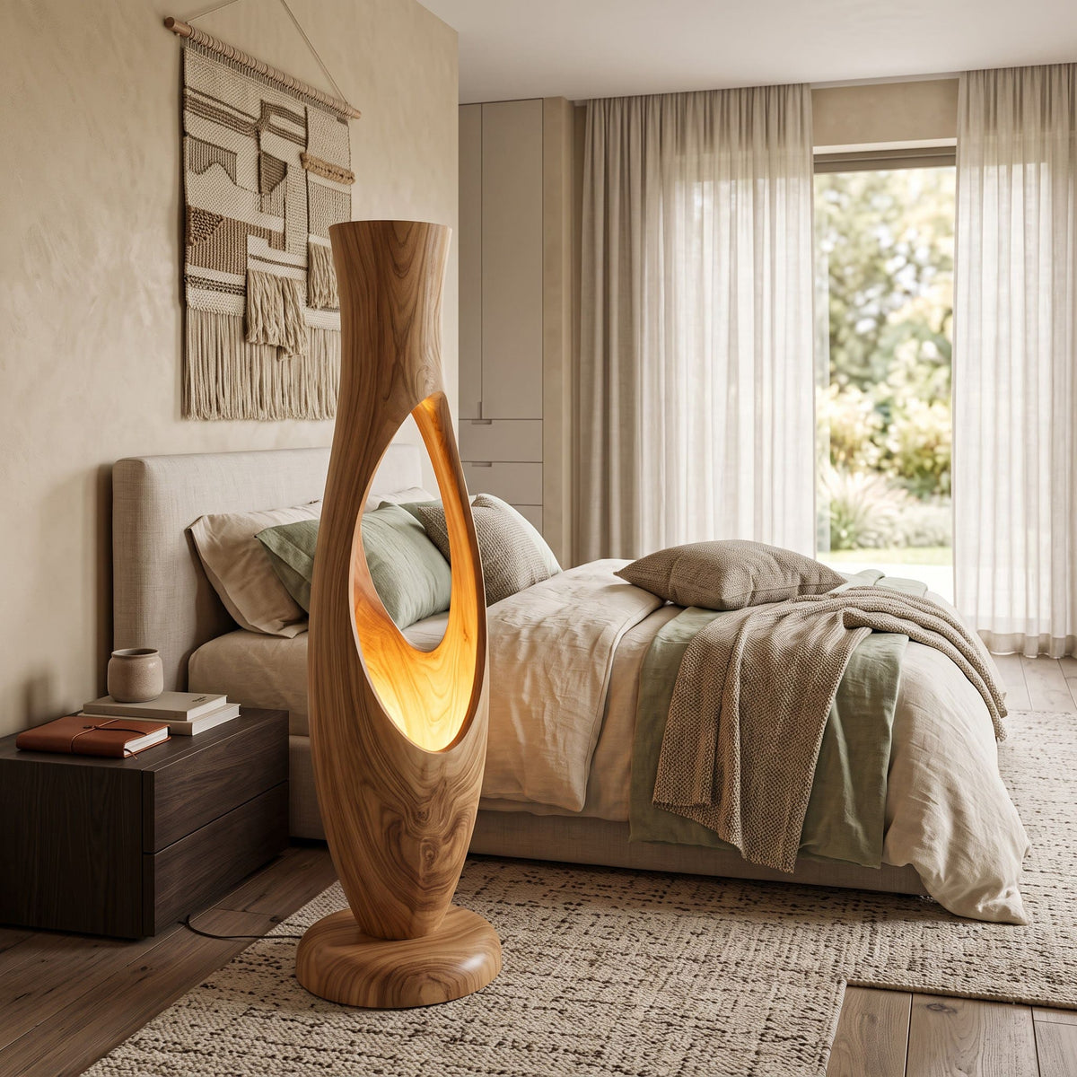 Organische Stehlampe aus Massivholz, präsentiert in einem minimalistischen Schlafzimmer