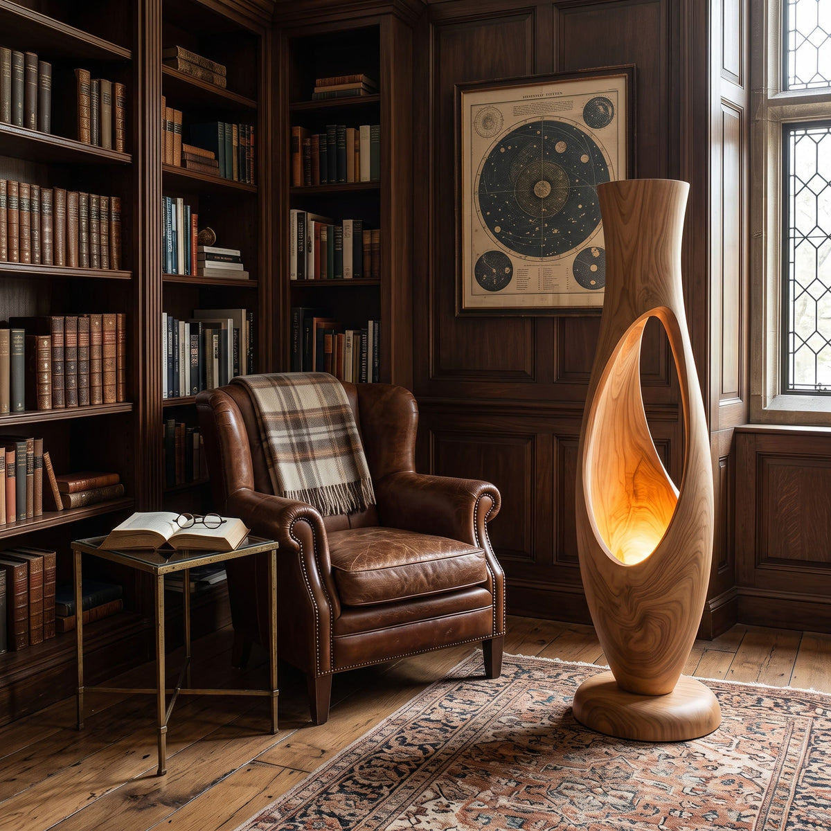 Handgeschnitzte Stehlampe aus Massivholz, präsentiert als Statement-Beleuchtung