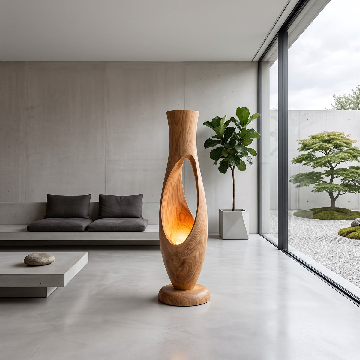 Organische Stehlampe aus Massivholz, präsentiert in einem minimalistischen Wohnbereich
