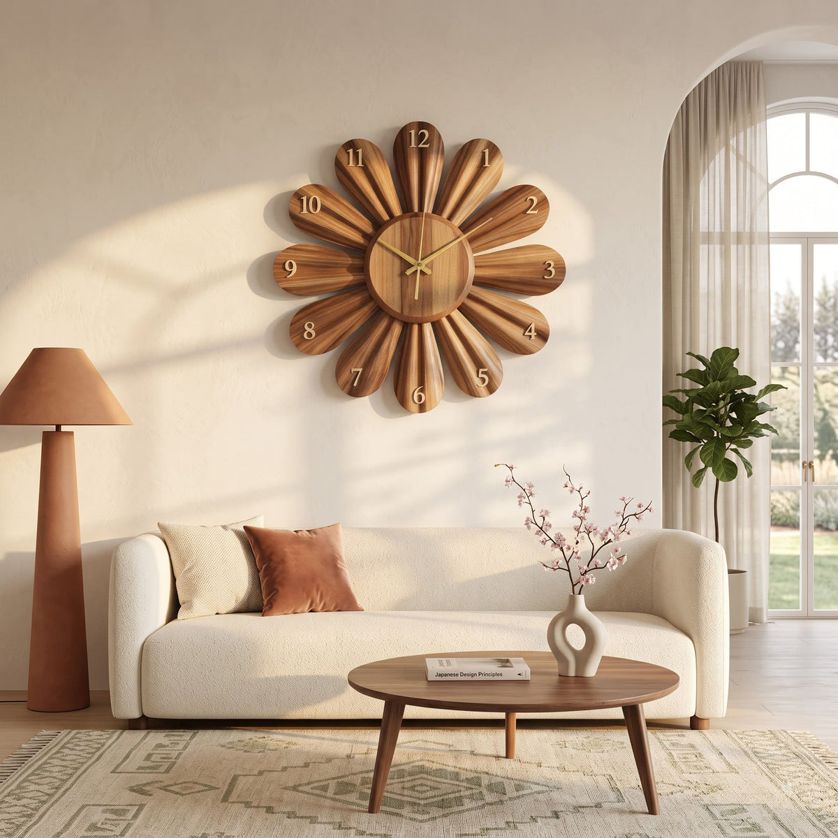 Authentische handgeschnitzte Sonnenblumen-Wanduhr aus Massivholz in einem zeitgenössischen Wohnzimmer