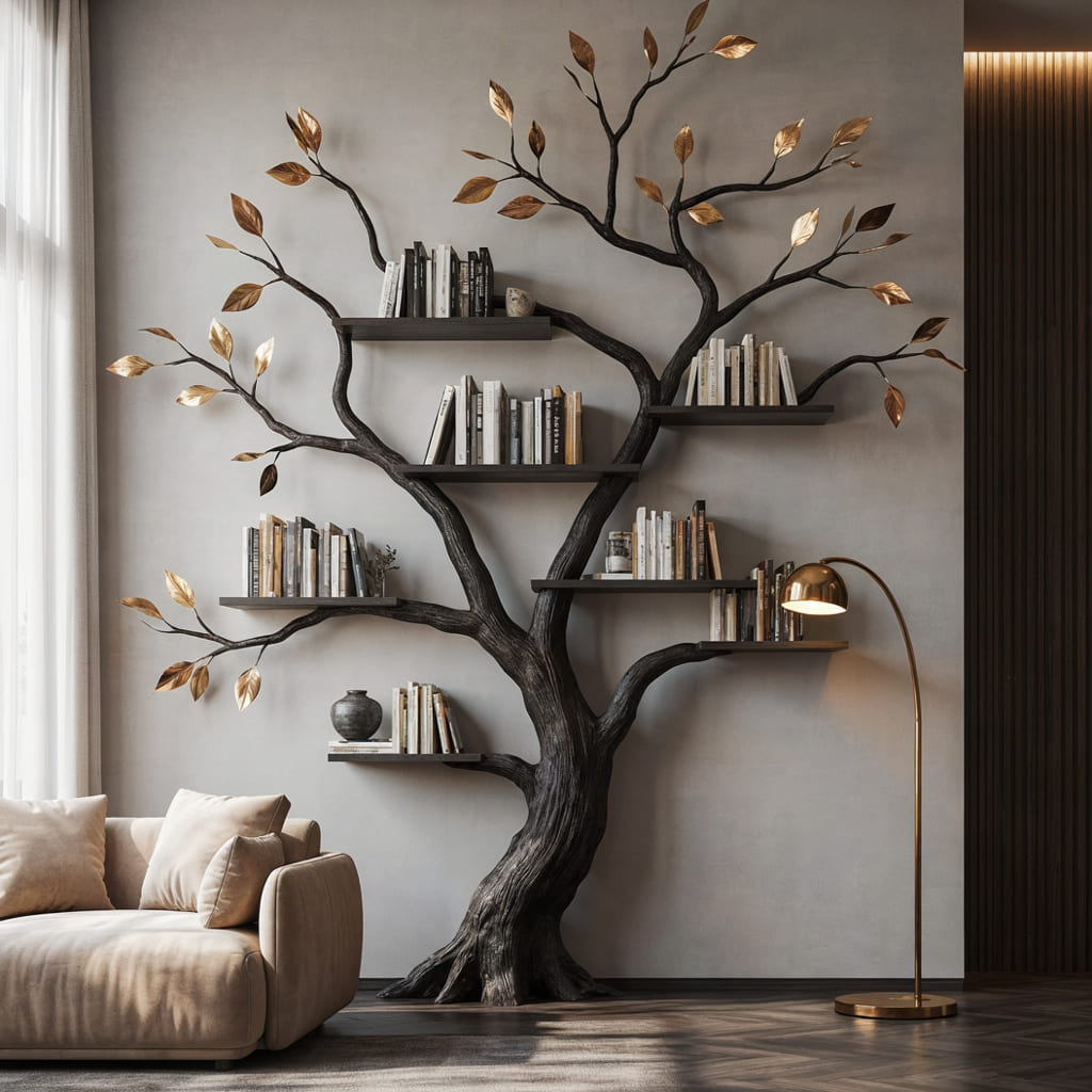 Authentisches handgeschnitztes Baum-Bücherregal aus Massivholz – Skulpturale Wandbibliothek