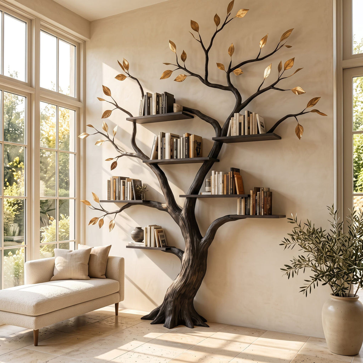 Authentisches handgeschnitztes Baum-Bücherregal aus Massivholz – Skulpturale Wandbibliothek