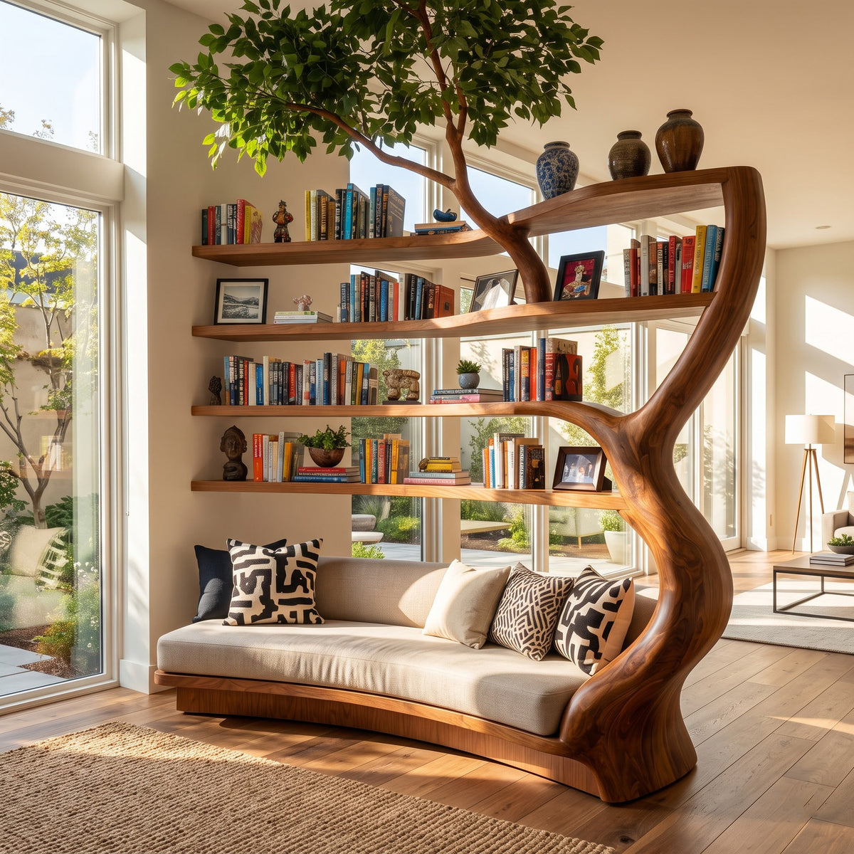 Skulpturales Lounge-Bibliothek-Tagesbett aus Naturholz für eine elegante Wohnzimmer-Leseecke