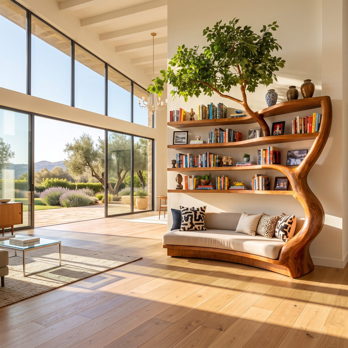 Skulpturales Lounge-Bibliothek-Tagesbett aus Naturholz für ein elegantes Wohnzimmer