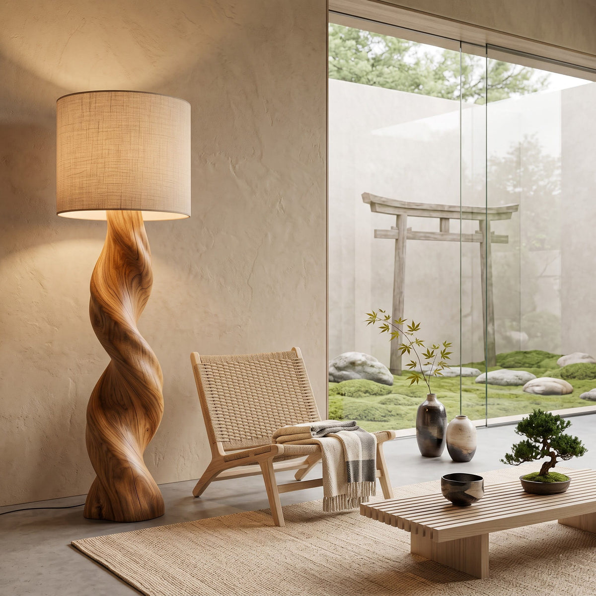 Authentische handgeschnitzte gedrehte Stehlampe aus Massivholz in einem zeitgenössischen Wohnzimmer