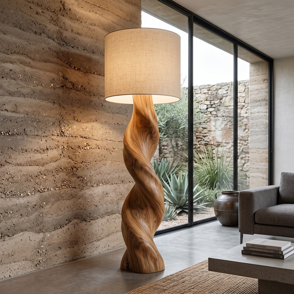 Authentische handgeschnitzte gedrehte Stehlampe aus Massivholz in einem zeitgenössischen Wohnzimmer
