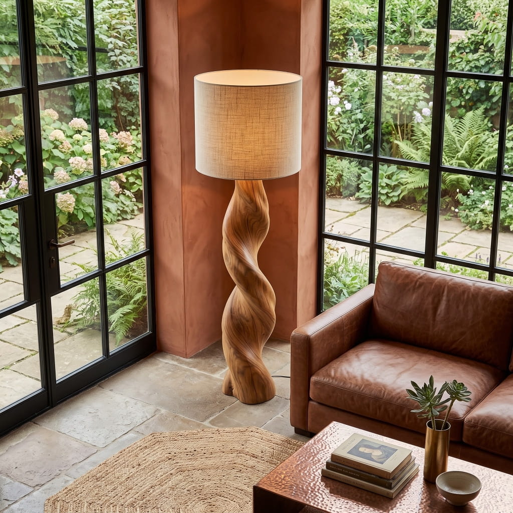 Skulpturale Säulenlampe aus Massivholz mit Stoffschirm in einer modernen Lounge