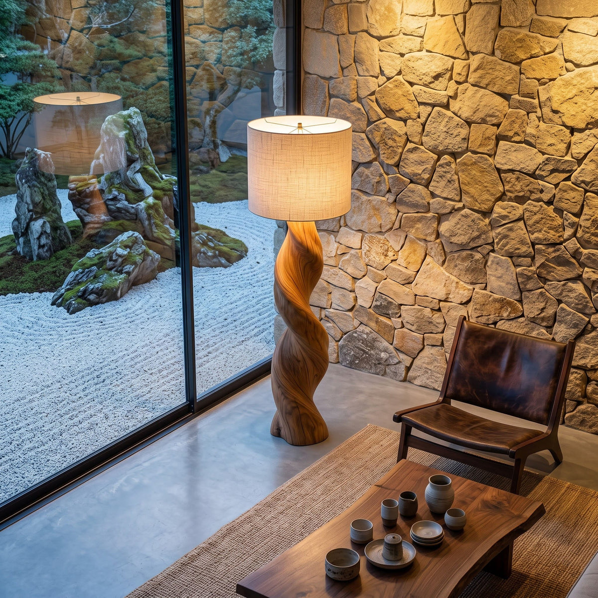 Organische gedrehte Stehlampe aus Massivholz, präsentiert in einem minimalistischen Wohnbereich