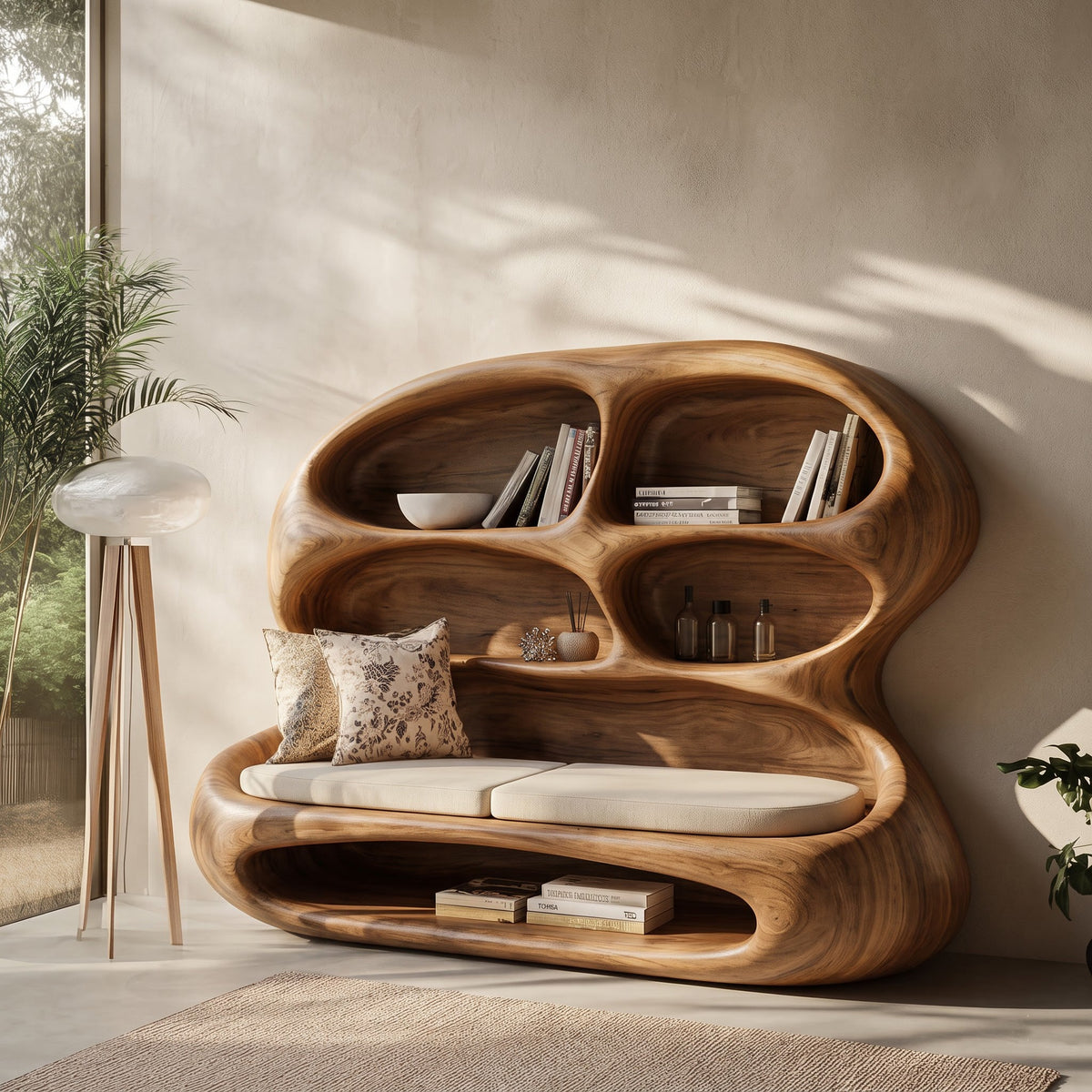 Modernes skulpturales Lounge-Tagesbett mit integriertem Bücherregal aus Naturholz