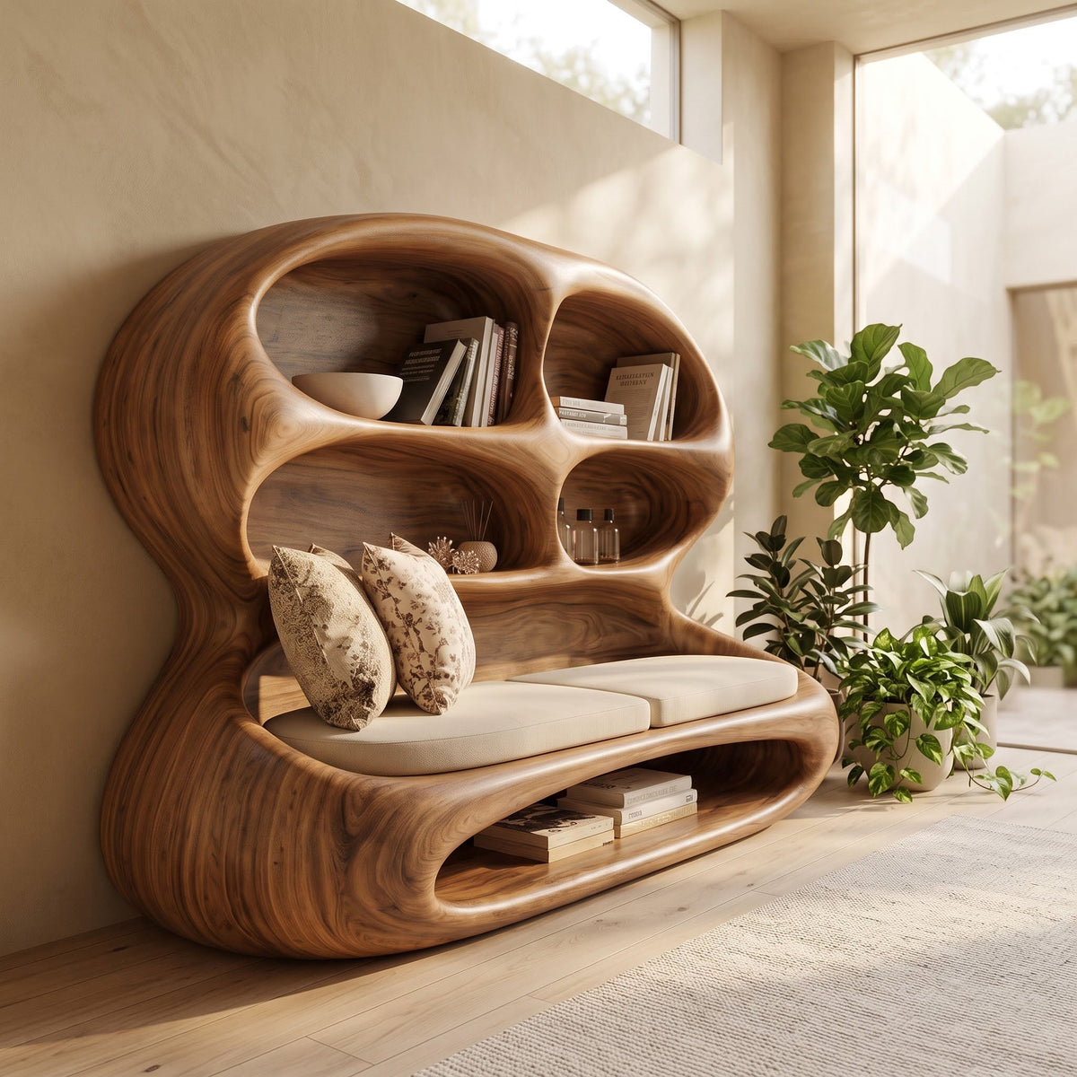 Biomorphes Lounge-Tagesbett aus Massivholz mit Bücherregal, gestylt in einem hellen Eingangsfoyer