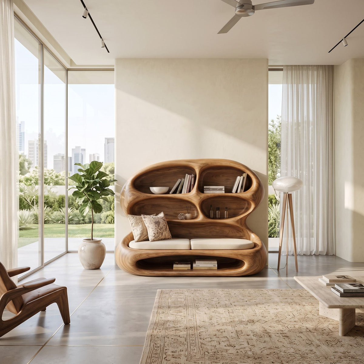 Biomorphes Lounge-Tagesbett aus Massivholz, mit Büchern und Kissen gestylt in einem modernen Wohnzimmer
