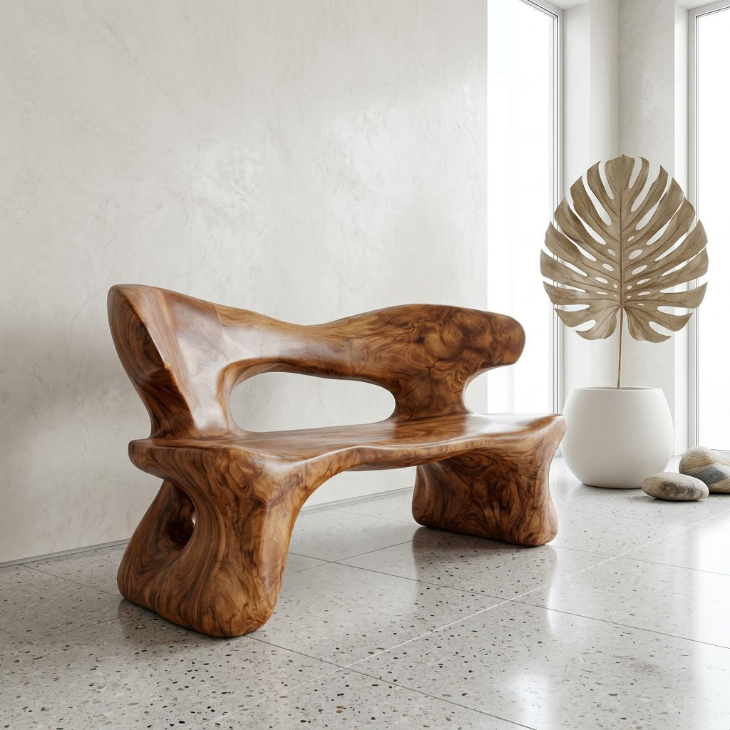 Organische Kunstbank aus Massivholz, präsentiert in einem minimalistischen Eingangsbereich