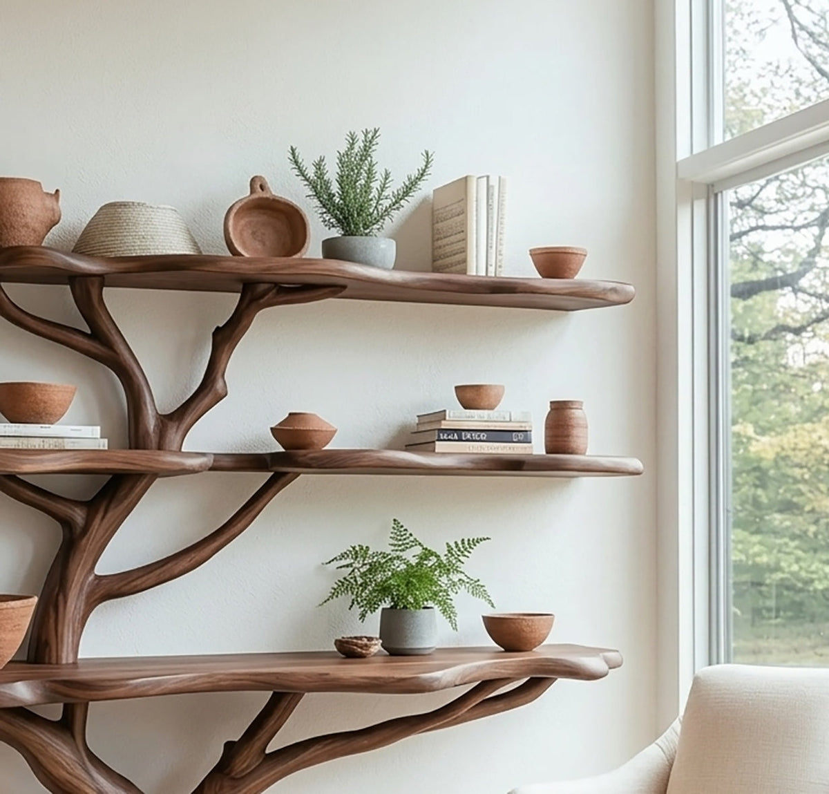 Baum-Bücherregal, dekoriert mit Terrakotta-Schalen und grünen Pflanzen in einem Wohnzimmer