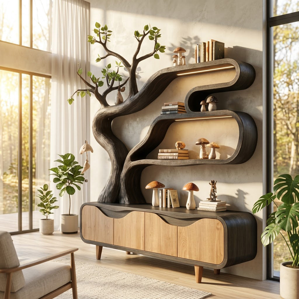 Beleuchtetes Baum-Bücherregal und Stauschrank aus Naturholz für ein gemütliches modernes Wohnzimmer