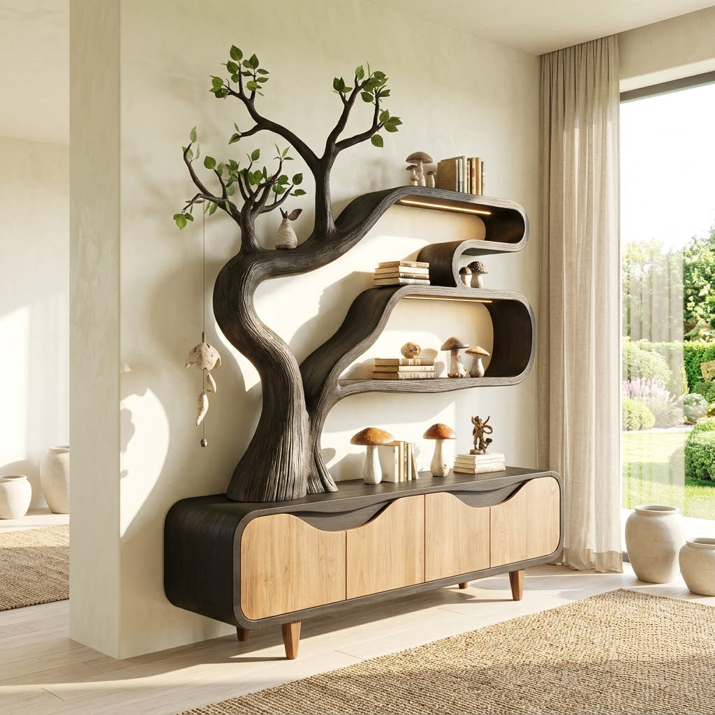Organisches Baum-Schau-Bücherregal aus Naturholz mit unterem Stauraum, vor einer Akzentwand in einem eleganten Eingangsbereich gestylt