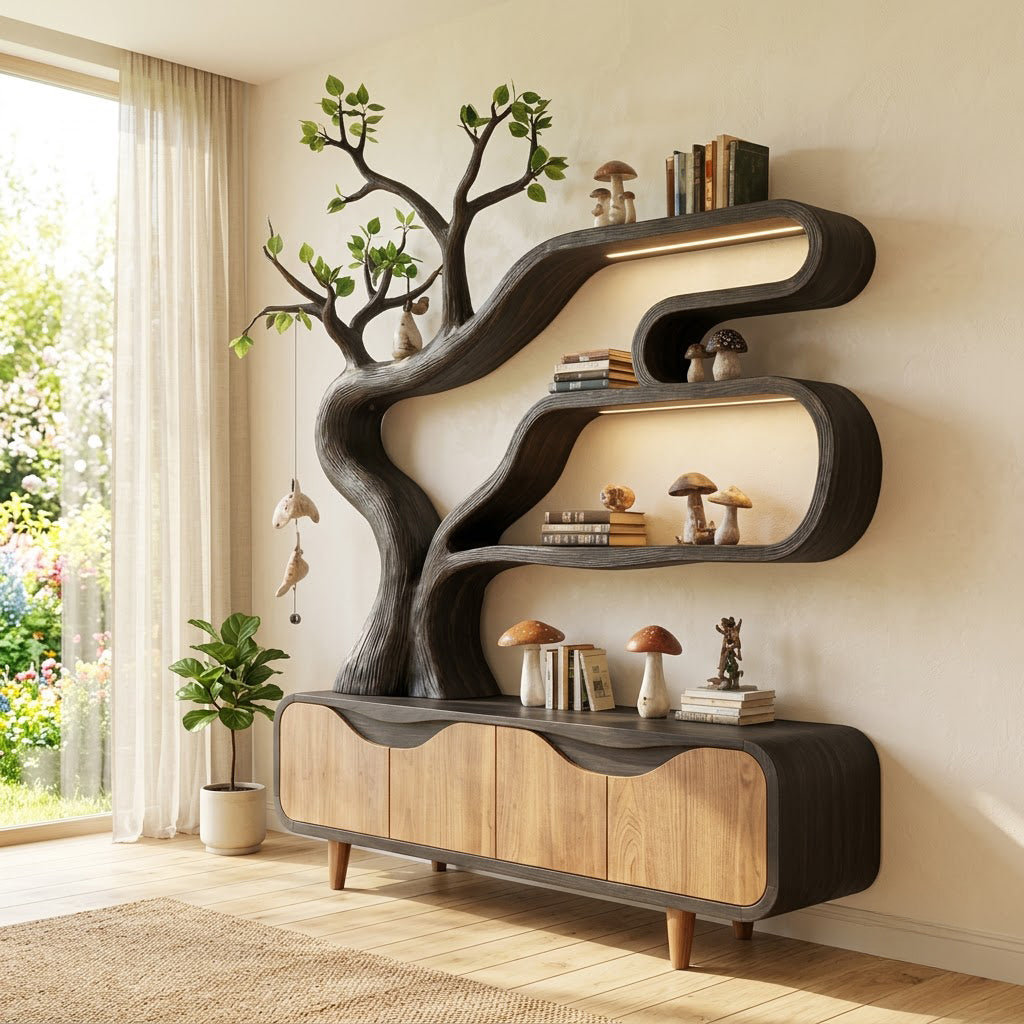 Beleuchtete Baum-Sideboard-Einheit aus Massivholz im Japandi-Stil, die einen stimmungsvollen Blickfang im Eingangsbereich schafft