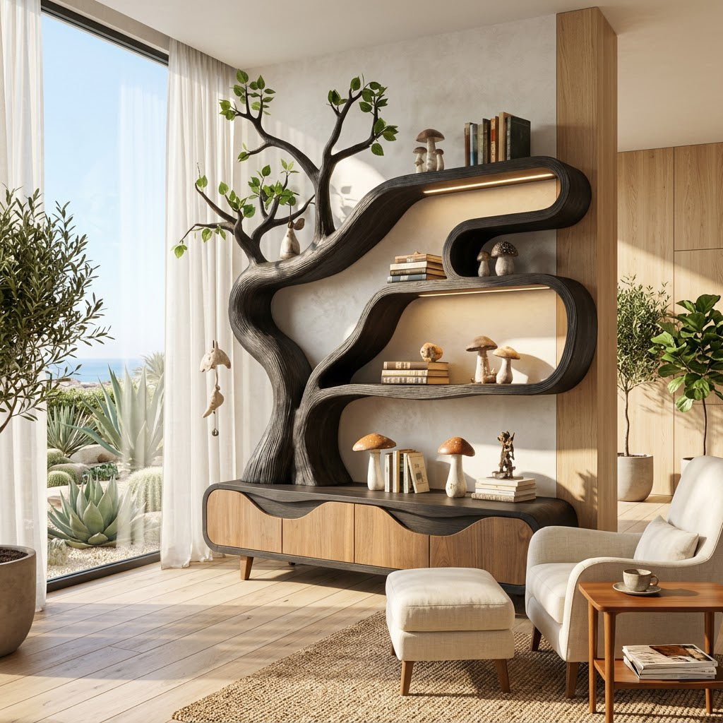 Biophiles Baum-Bücherregal-Sideboard aus Massivholz, mit warmem Licht gestylt in einer Chef-Leseecke