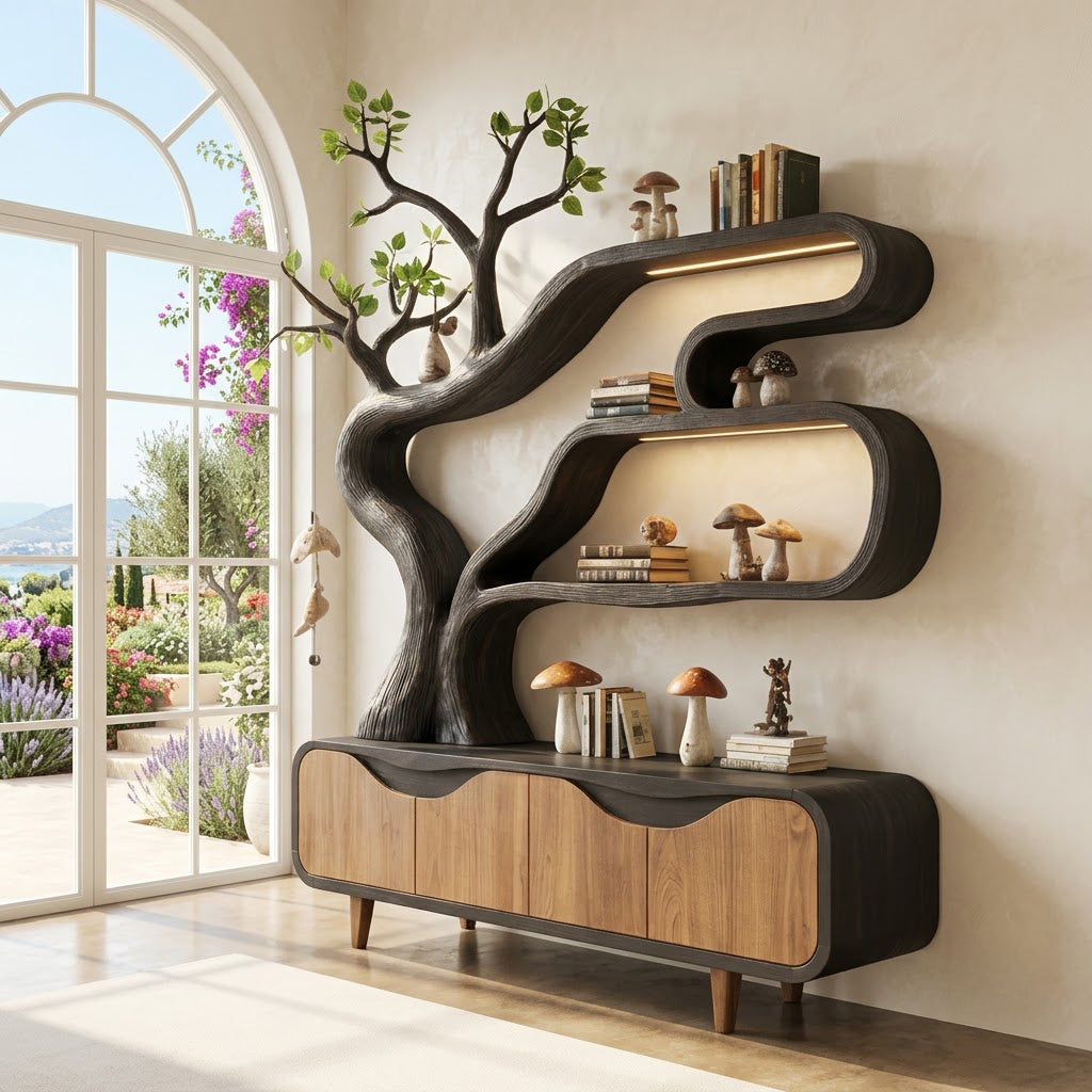 Zeitgenössisches hinterleuchtetes Astholz-Schau-Sideboard aus Massivholz in einem offenen Eingangsbereich