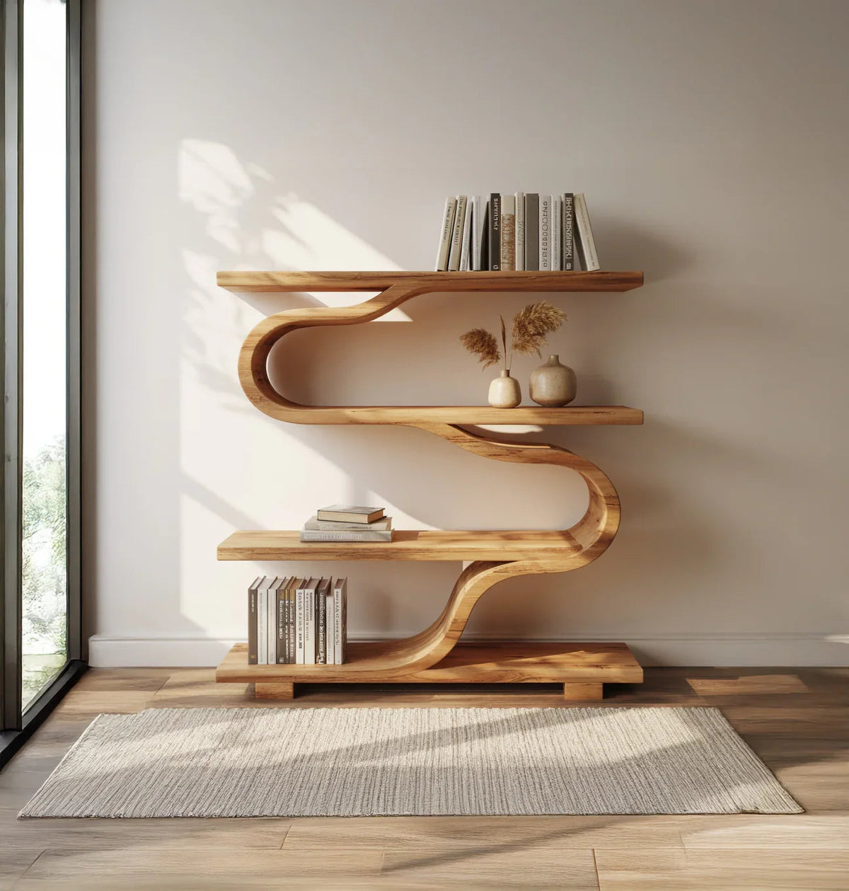Geschwungenes Holz-Bücherregal als Wohnzimmer- oder Bürodekor