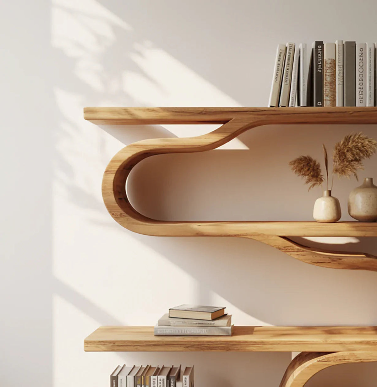 Modernes geschwungenes Holz-Bücherregal als Schauregal für Zuhause oder Büro