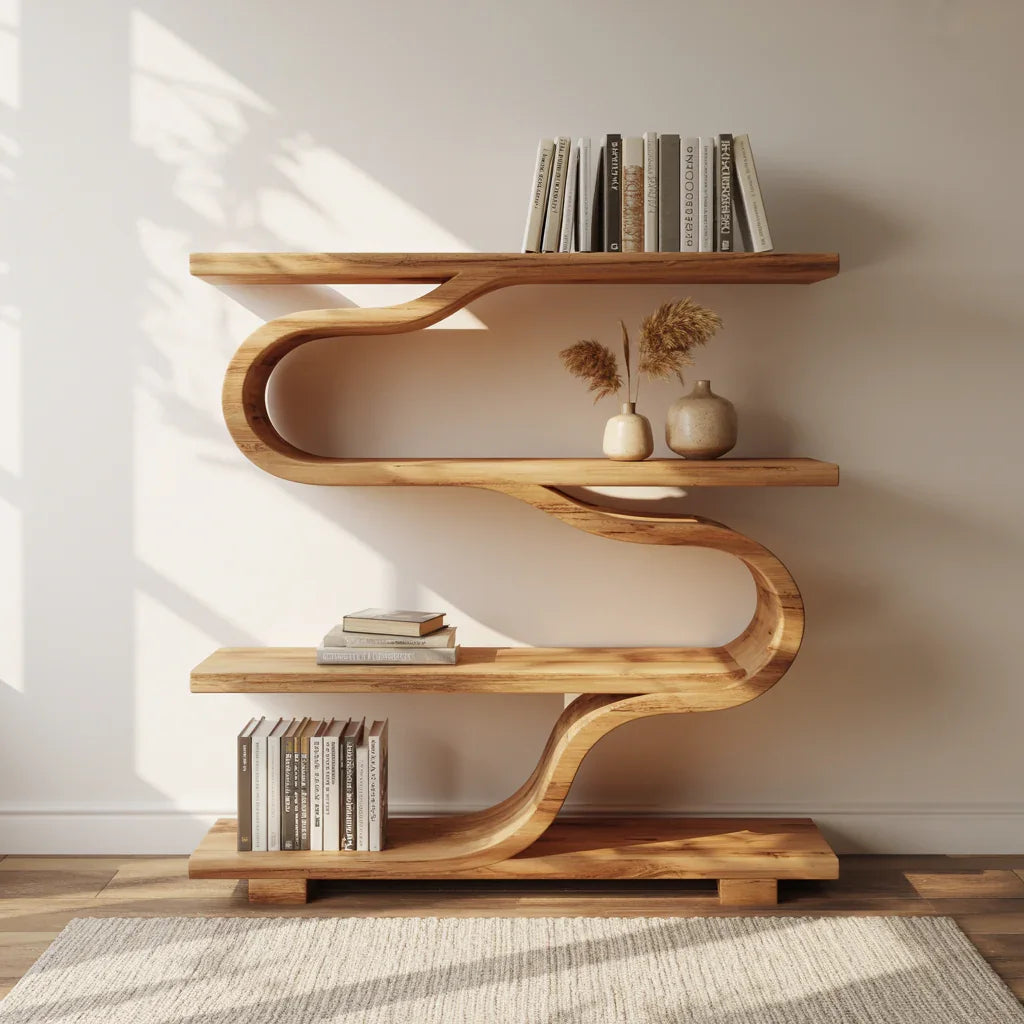 Organisches skulpturales Holz-Bücherregal mit geschwungenem Design fürs Wohnzimmer