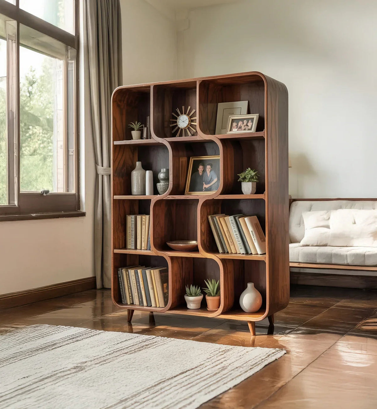 Mid-Century-Bücherregale aus Massivholz – Organisch-modernes geschwungenes Schauregal
