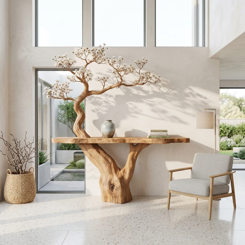Handgeschnitzte Baumstamm-Konsole aus Massivholz, gestylt in einem modernen Wohnzimmer