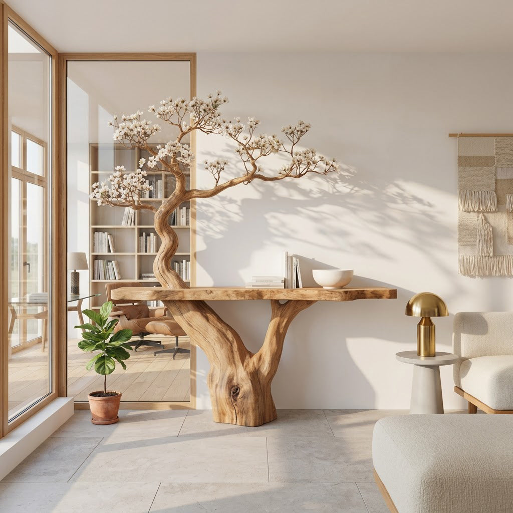 Organischer Konsolentisch aus Massivholz mit Kronen-Akzent in einem minimalistischen Interieur
