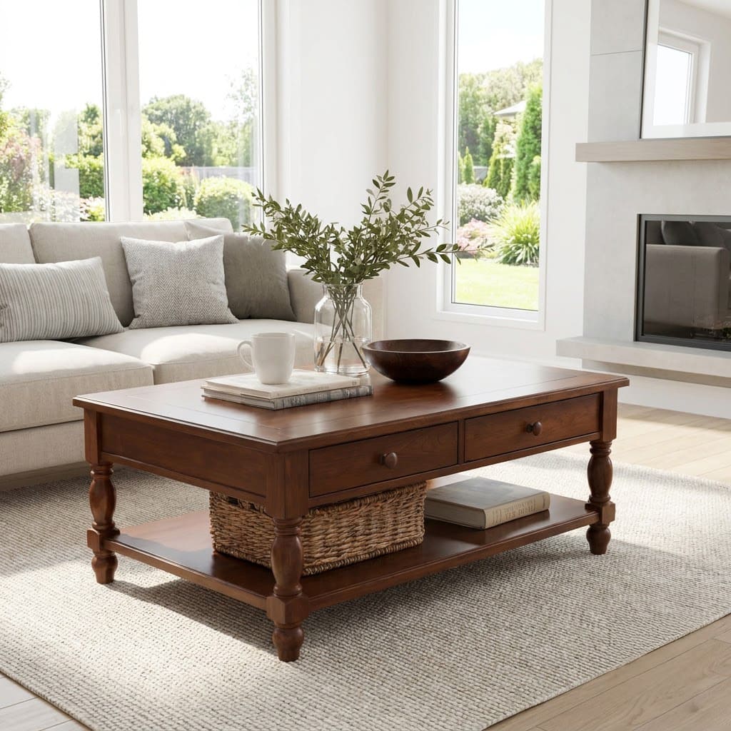 Eleganter Couchtisch aus Massivholz mit Stauraum, der einen modernen Loungebereich aufwertet