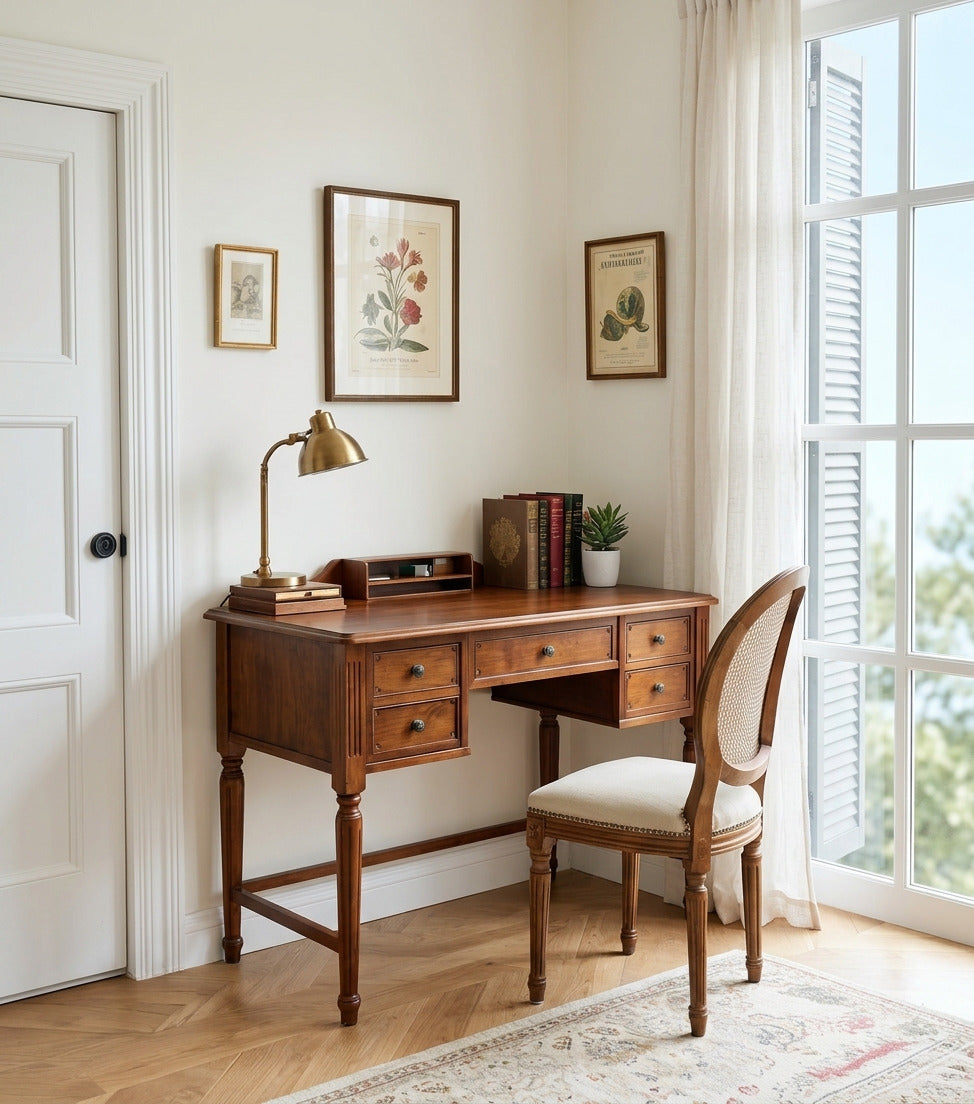 Klassischer Schreibtisch aus Massivholz mit mehreren Schubladen in einem modernen Homeoffice