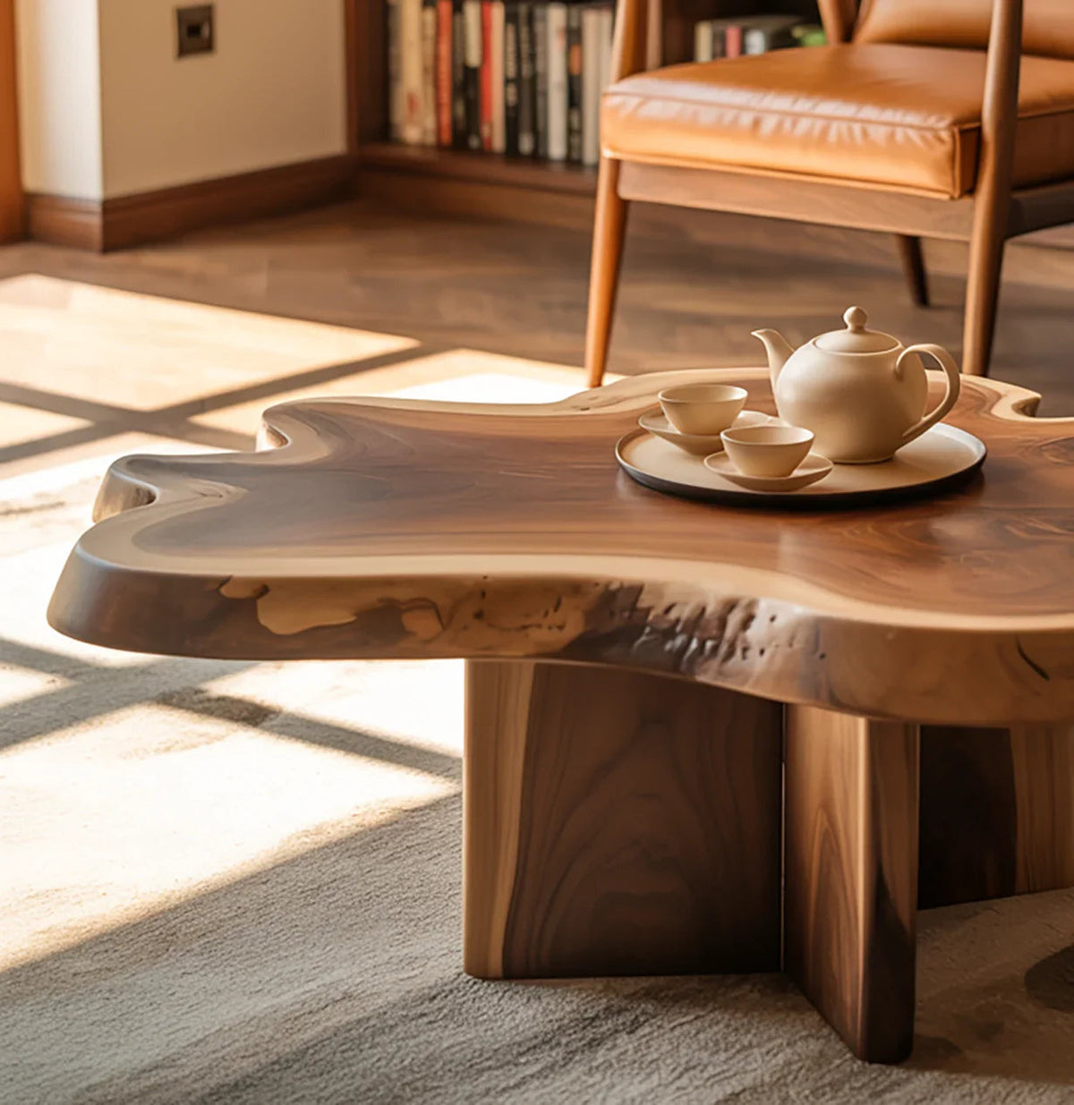 Handgemachter Couchtisch aus Altholz mit natürlicher Baumkante in einem rustikal-modernen Wohnzimmer