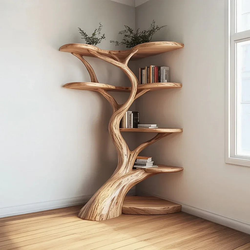 Baumförmiges Massivholz-Bücherregal mit Büchern und Pflanzen in einem modernen Eckzimmer, Vergleich von Baum-Eckregal, normalem Bücherregal und Schwebregalen im Wohnzimmer