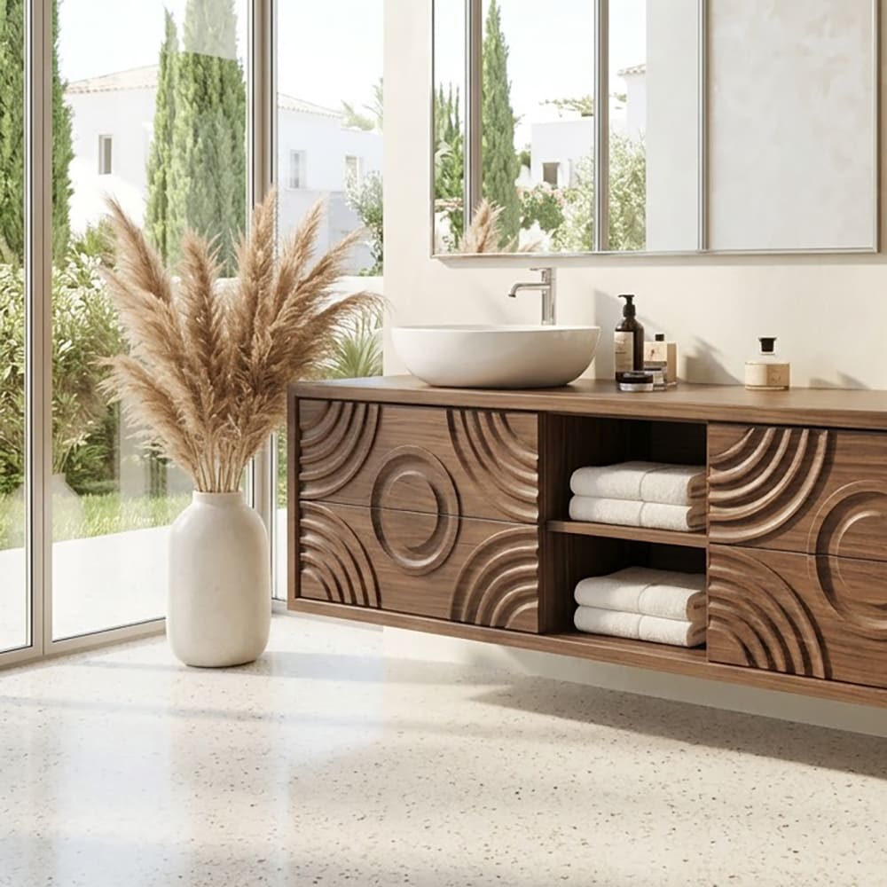 Handgeschnitzter schwebender Waschtisch aus Massivholz im Design mit konzentrischen Kreisen