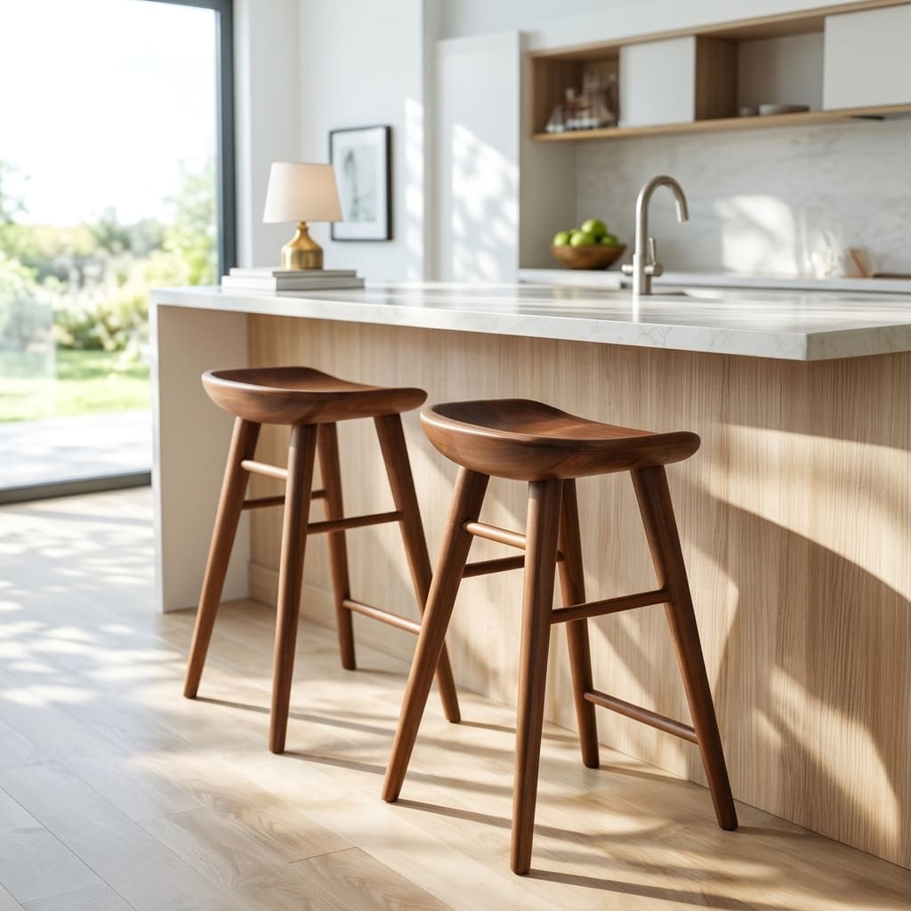 Moderner Holz-Barhocker mit ergonomisch geschwungener Rückenlehne
