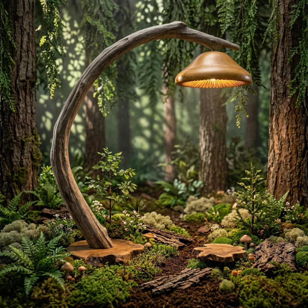 Baumkanten-Treibholz-Pilz-Stehlampe mit leuchtendem Hut auf natürlichem Holzfuß in einer Waldumgebung