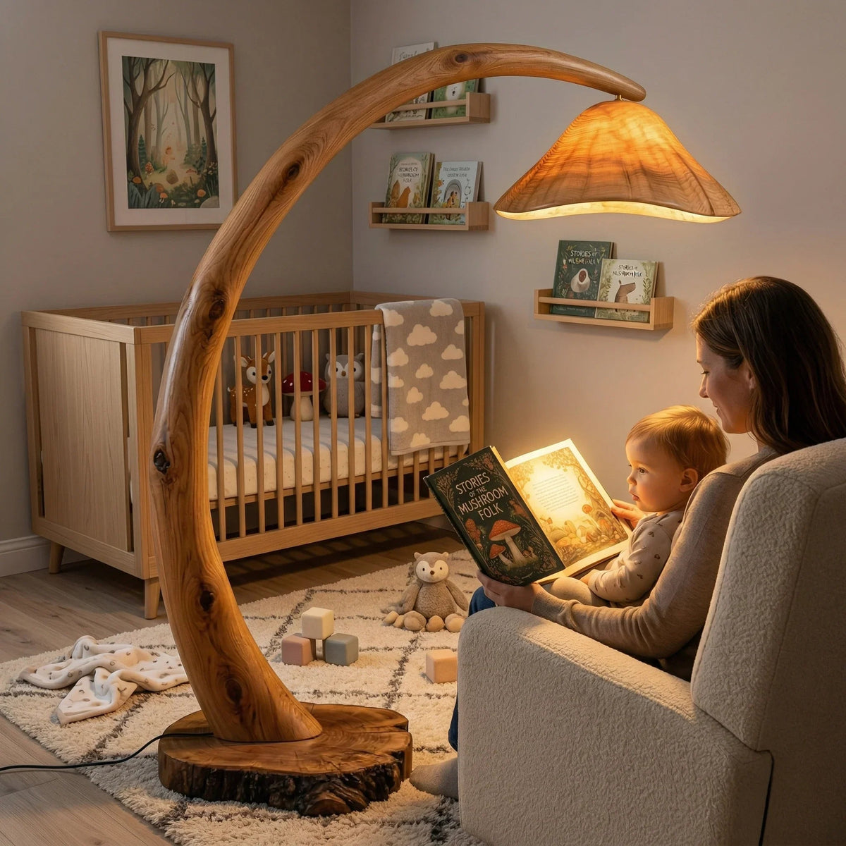 Pilz-Stehlampe mit transluzentem Holzhut und skulptiertem Holzbogen in einem gemütlichen Babyzimmer