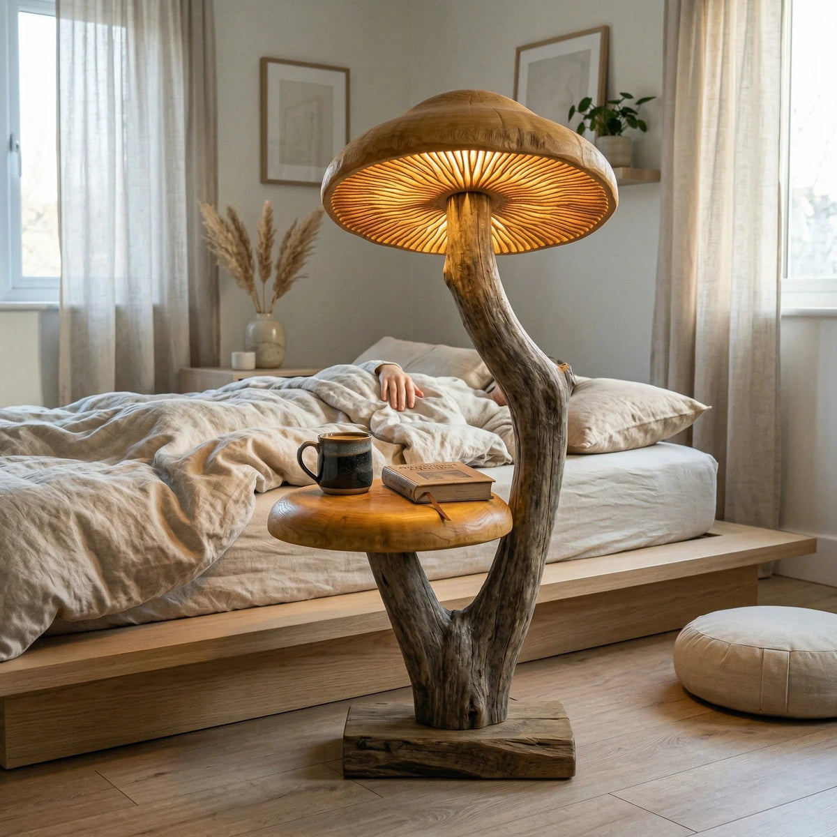 Geschwungene Treibholz-Pilz-Stehlampe mit breitem beleuchtetem Hut und natürlichem Holzfuß neben einem Bett