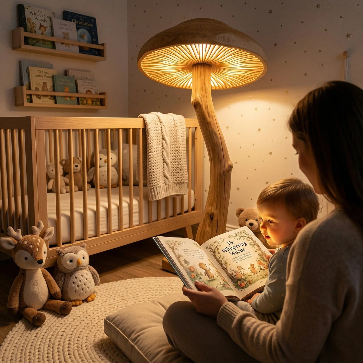 Geschwungene Treibholz-Pilz-Stehlampe mit breitem leuchtendem Hut in einem gemütlichen Babyzimmer neben dem Kinderbett, während eine Mutter ihrem Kind vorliest.